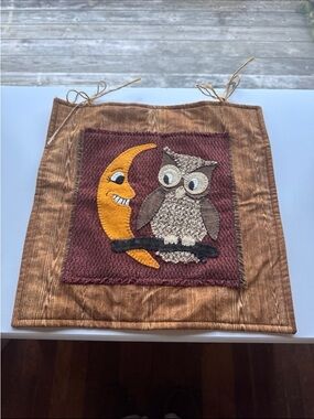 Appliqué Owl and Moon Wall Hanging — Brown, Maroon, Yellow